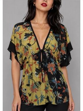 (VTG) JULIE’S CLOSET • Y2K Floral Deep V-Neck Tie-Front Semi-Sheer Blouse, M